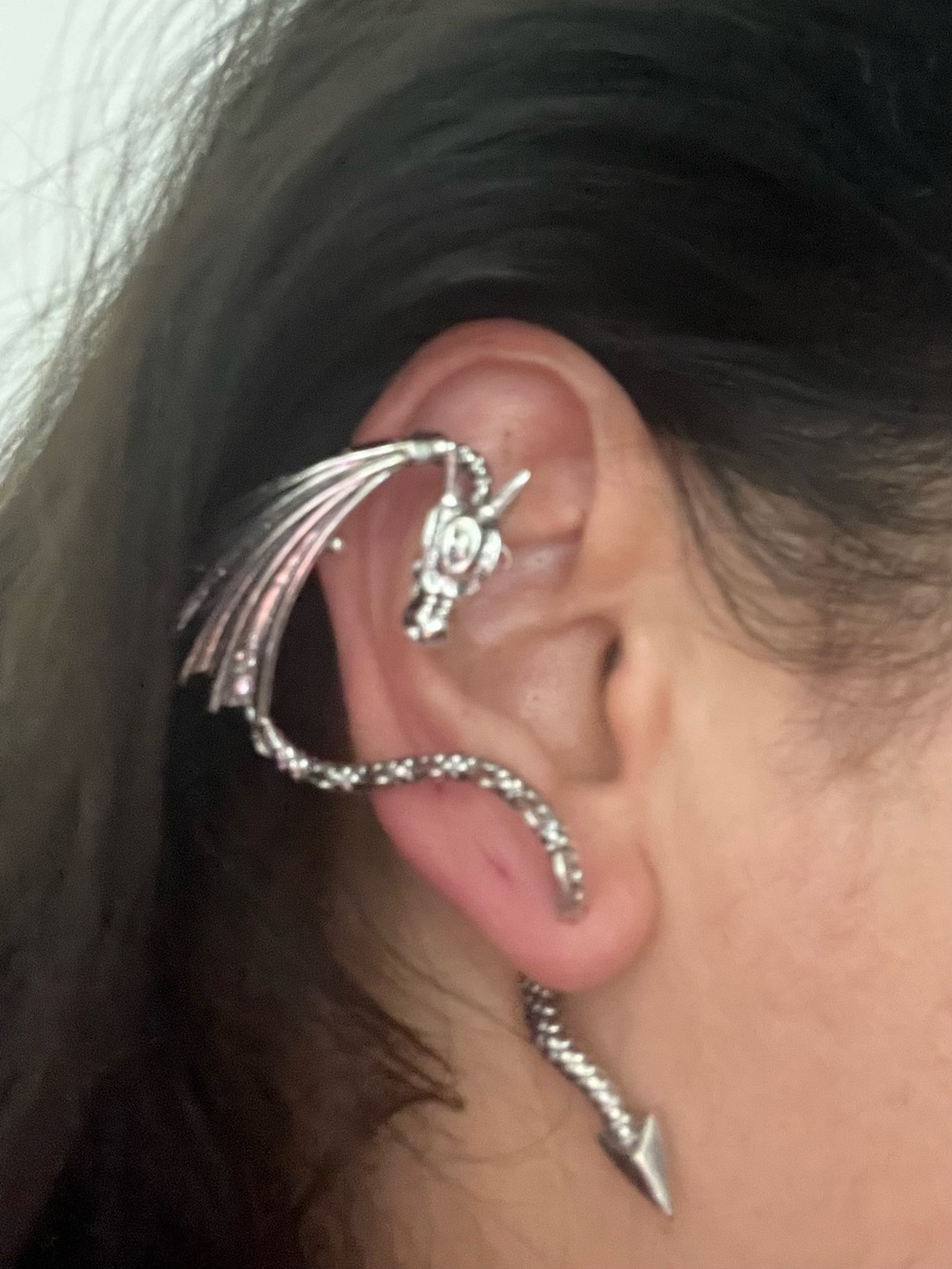 Silver Dragon Pierced Ear Clasped Cuff with Tail and Spike / Right Ear